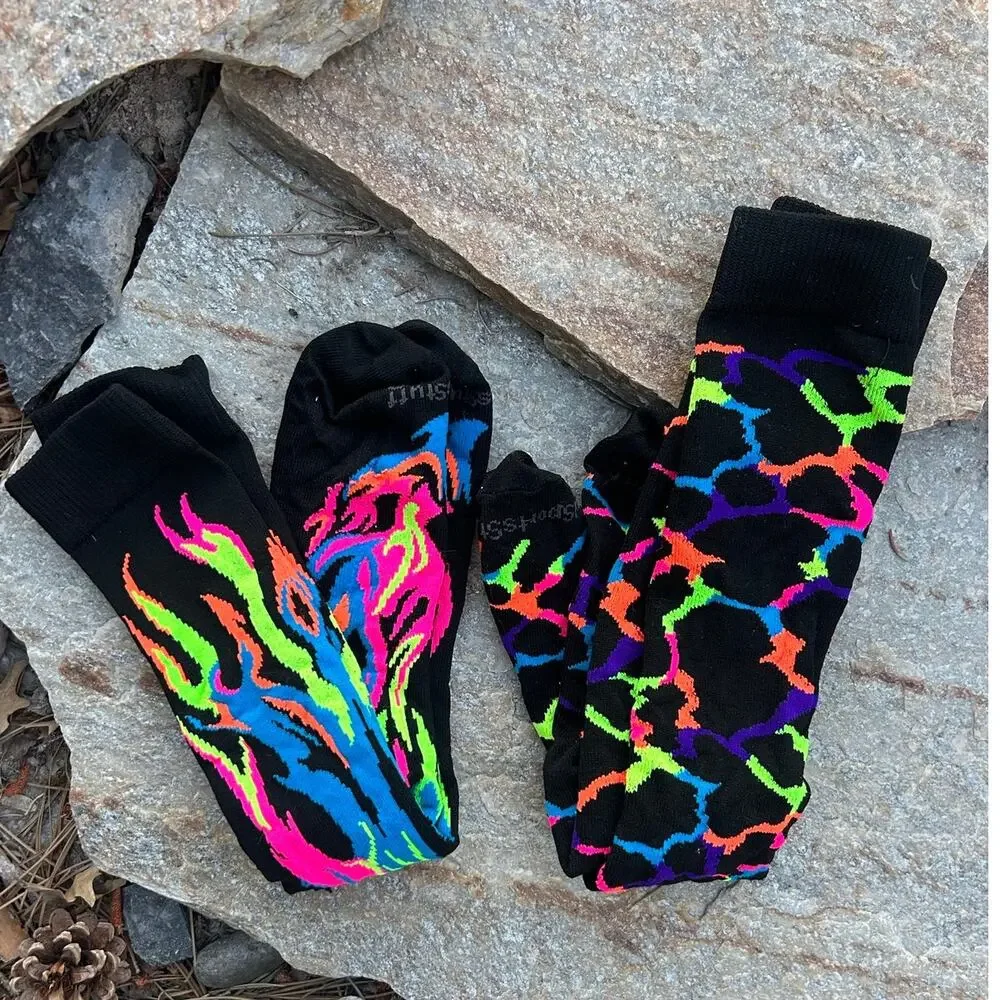 BUNDLE of 2 Mad Sports Stuff Over the Calf Socks | Medium | Giraffe Flame Neon